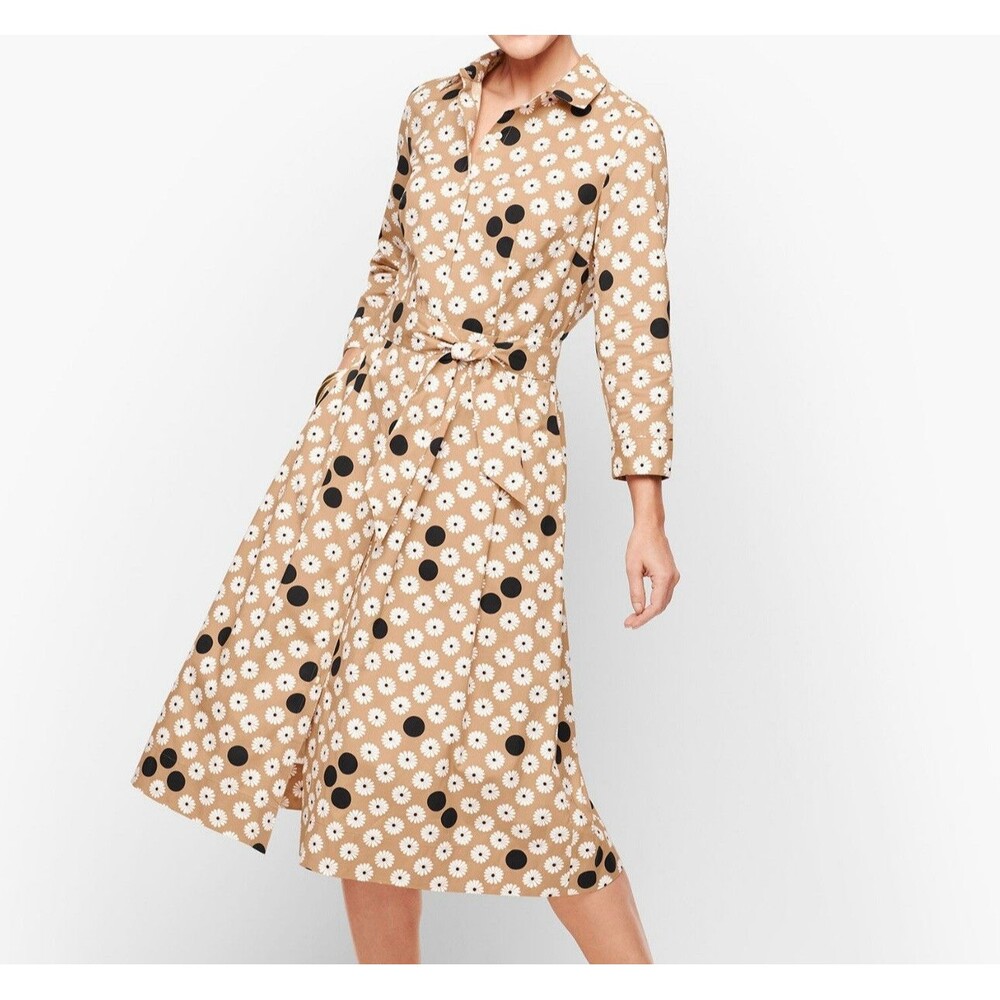 TALBOTS Womens Midi Shirt Dress Tan Daisy Polk Dot Floral Print Size 8 Retro